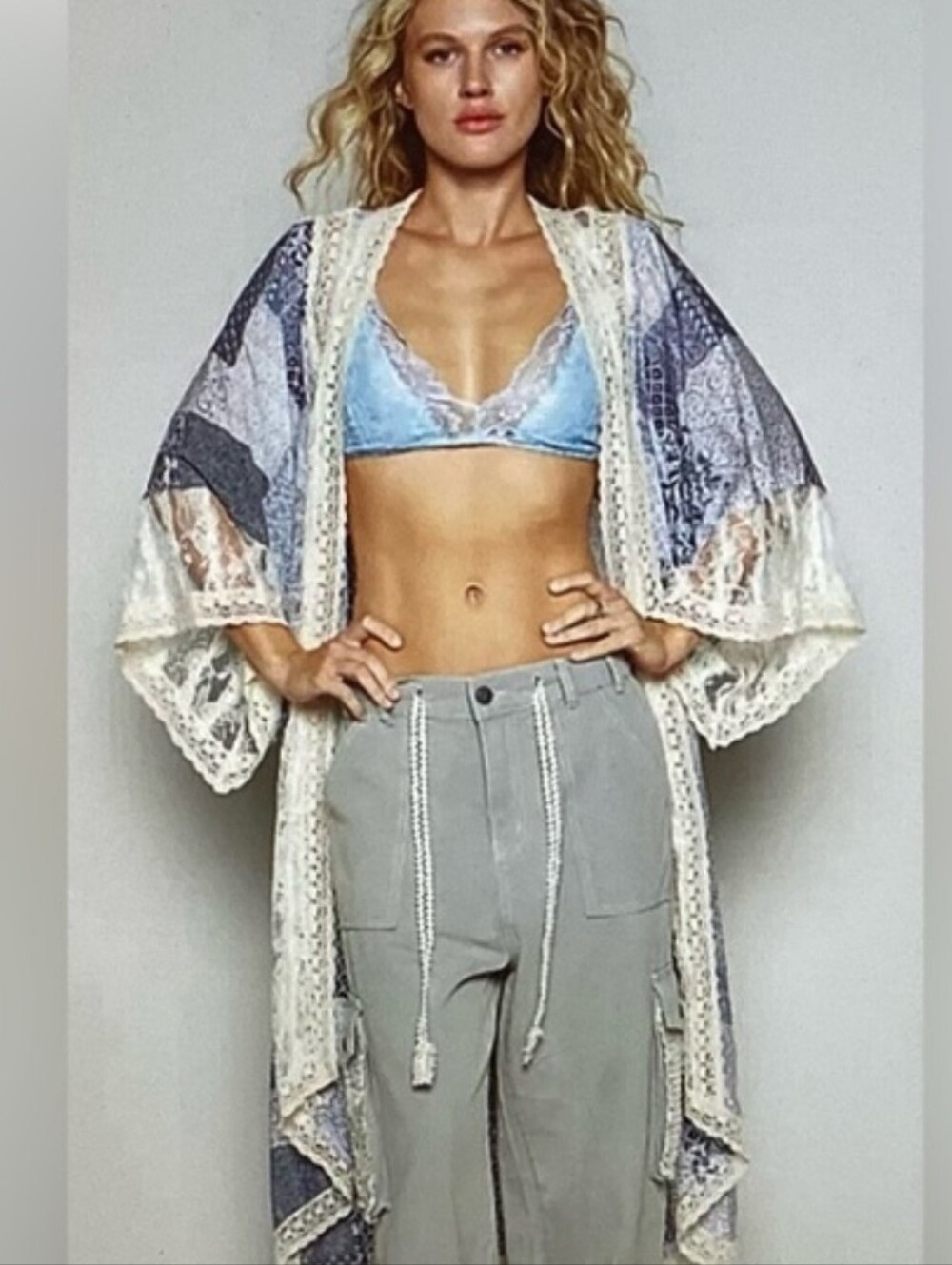 POL Lace Boho Kimono Patchwork Lightweight in Ivory and Cream NEW